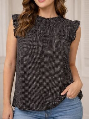 Adrianna Papell Black Polka Dot Smocked Neck Sleeveless Top